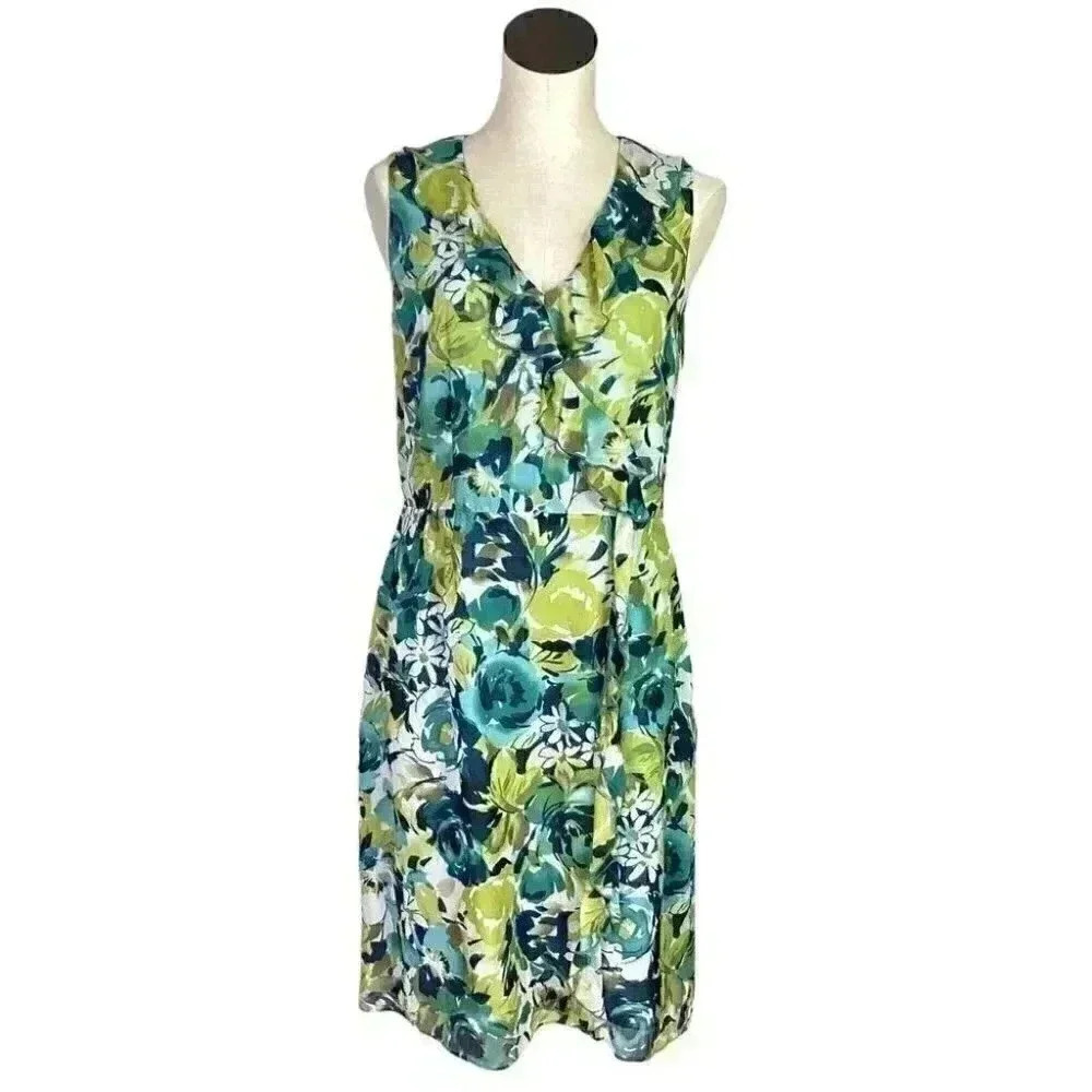 Pendleton Midi Dress Women 6 Blue Floral Silk Ruffle Sleeveless V Neck Sheath